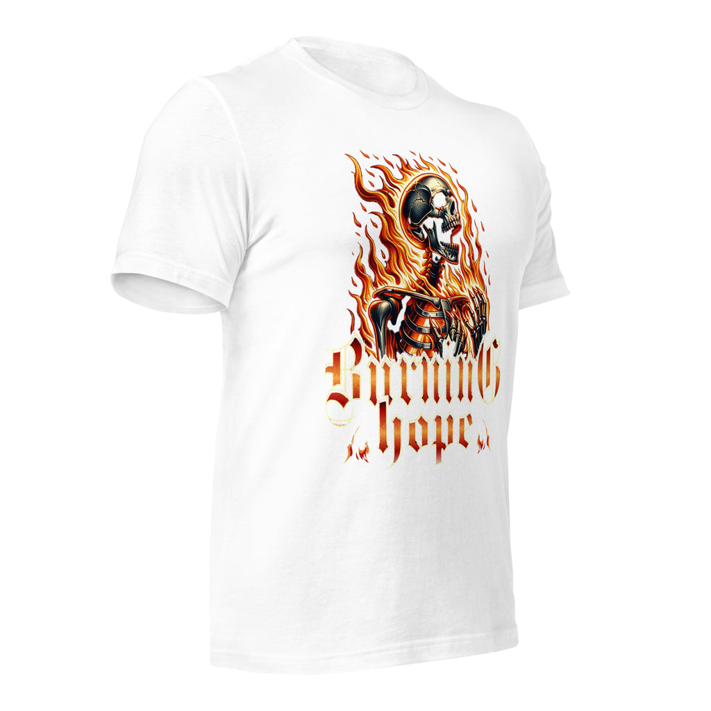 White unisex graphic T-shirt with flaming skull graphic centered