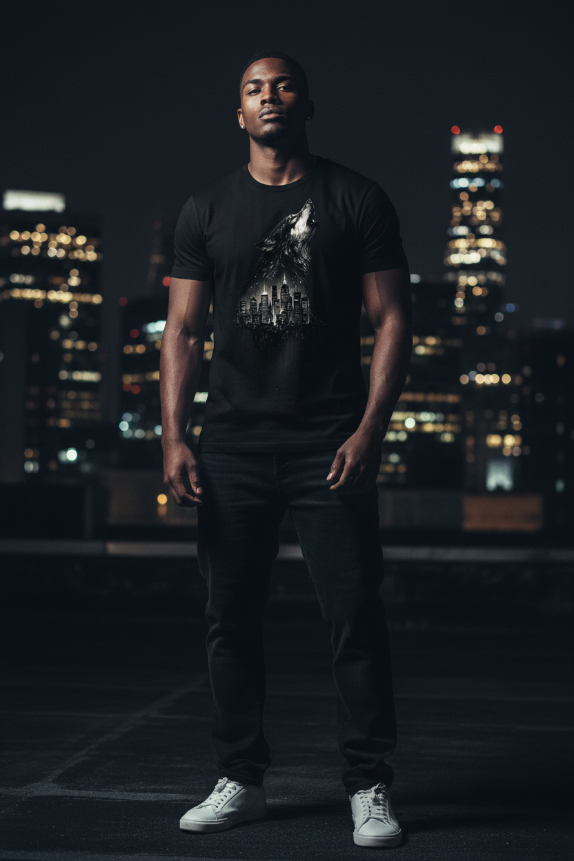 Men's graphic t-shirt in black with wolf and city skyline chest print