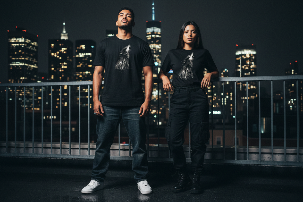 Wolf Howling at City Lights — Unisex Graphic T-Shirt | Ink Drop Co.