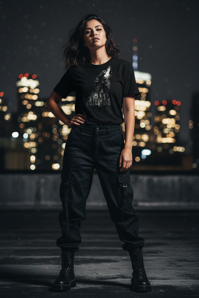 Wolf Howling at City Lights — Women's Graphic T-Shirt | Ink Drop Co.