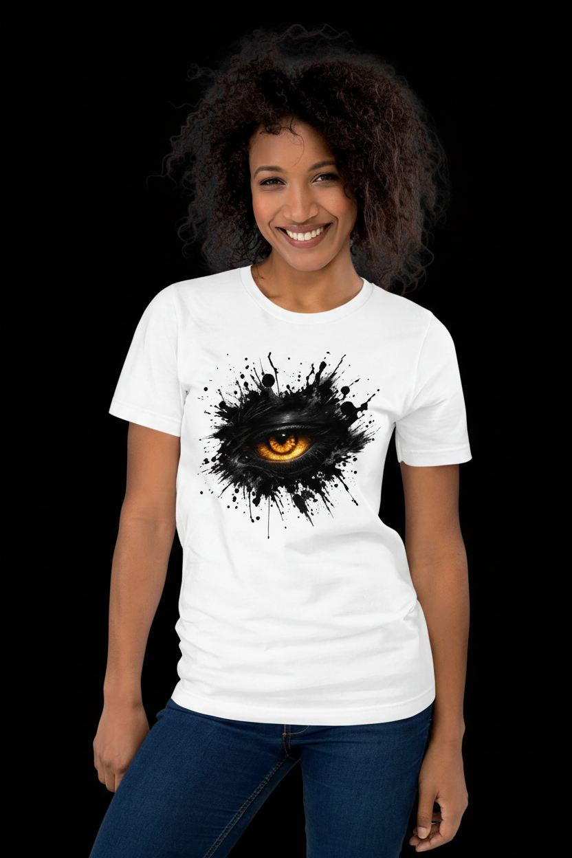 Women's graphic t-shirt, white, front eye ink splash graphic