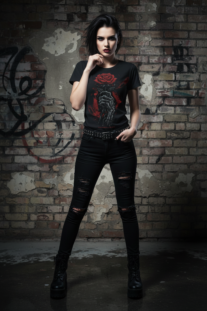 Black women’s graphic T-shirt with rose-and-skeleton front print