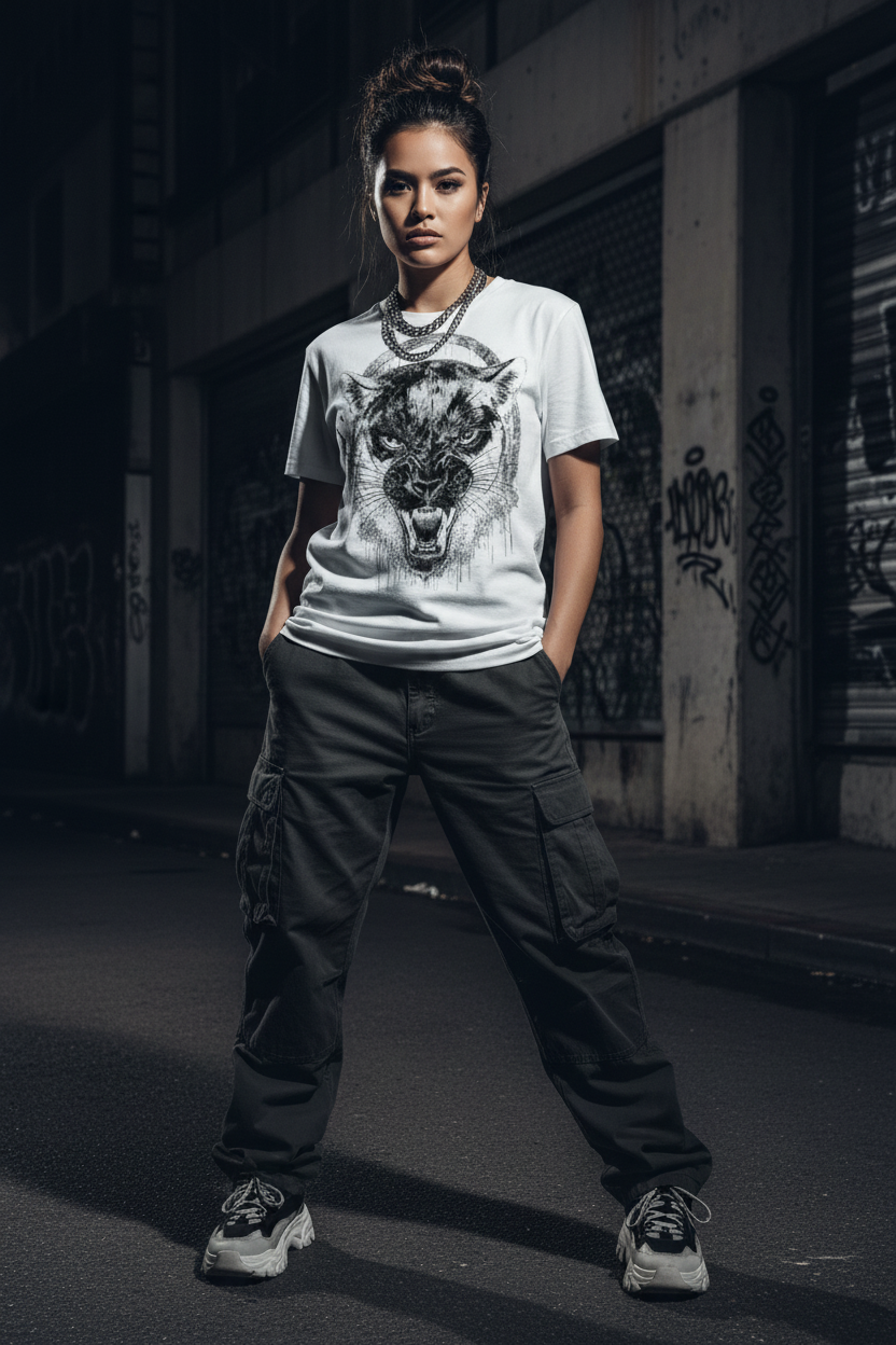 Model wearing a women’s white graphic t-shirt with black panther ink-splatter print