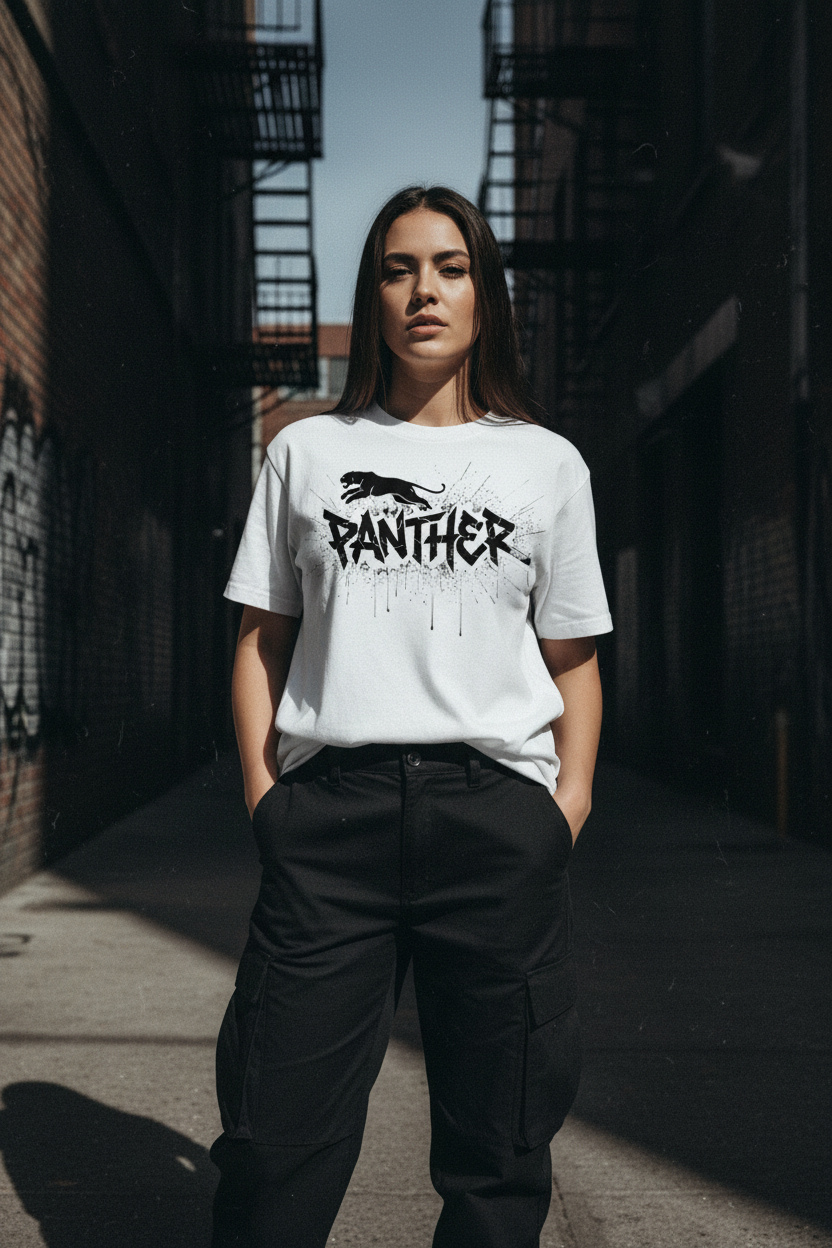 White crewneck T-shirt with Panther graphic worn by a woman.